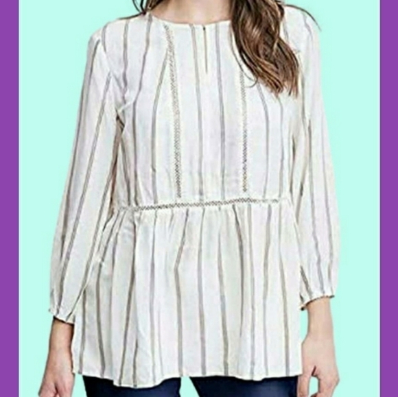 Ivory & Tan Peplum Balloon Sleeve Crochet Detail Striped Blouse Size Small - Picture 3 of 7
